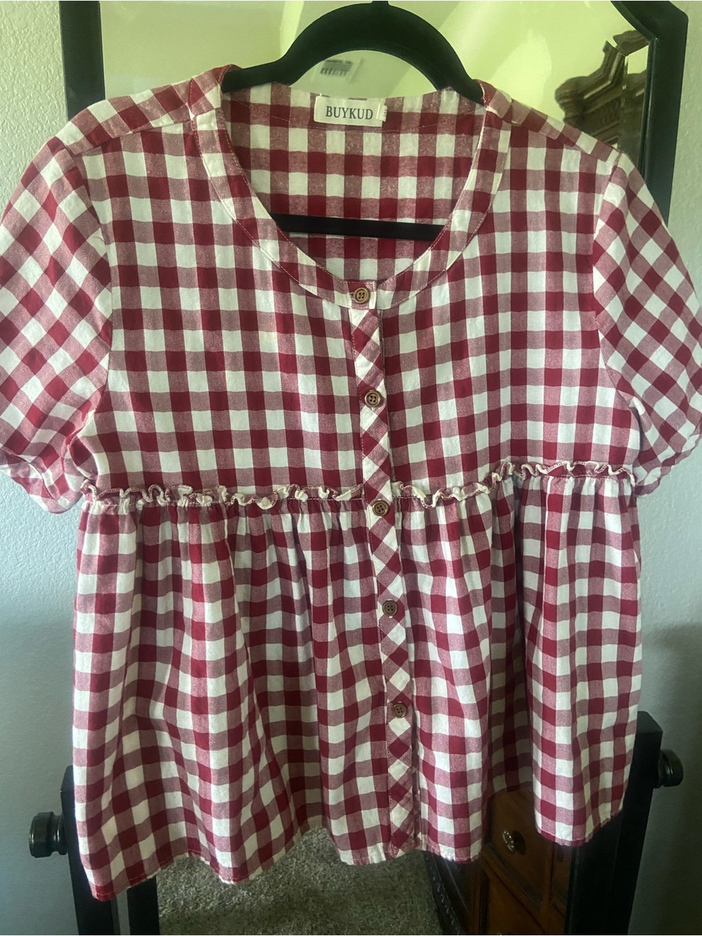 BUYKUD Red and White Gingham Button-Front Blouse